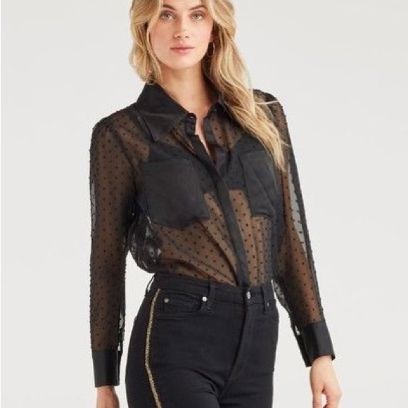 NWT 7 For All Mankind Swiss Dot Patch Pocket Top in Jet Black - Picture 1 of 7